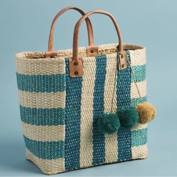 New mar y sol Aqua Tan Striped Woven Sea Grass Leather Handled Tote Beautiful - Picture 6 of 11